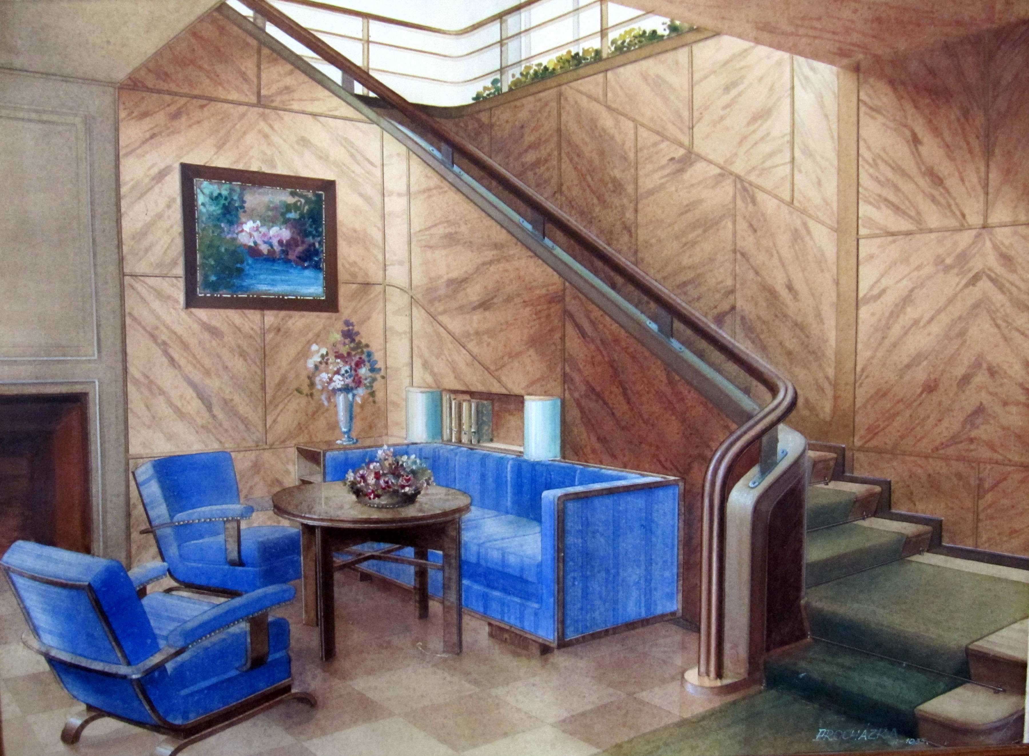 Zeichnung eines Interieurs: kräftig blaue Sessel und ein Sofa um einen runden Tisch, warme Holzvertäfelung, ein Blumenbild und eine geschwungene Treppe. Rechts unten befindet sich die Signatur Prochazka.
