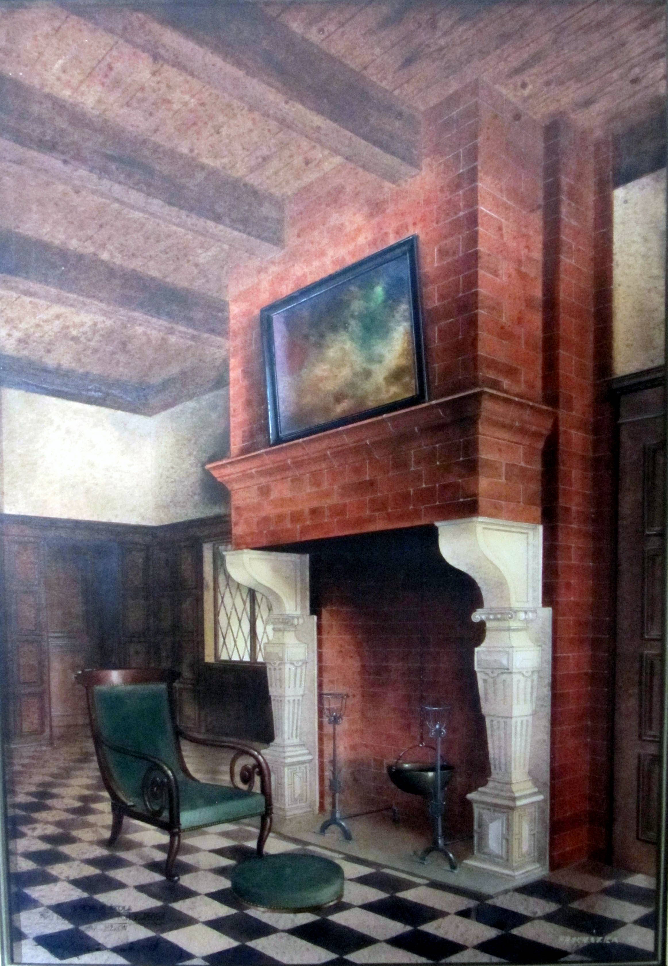 Interieur von Frantisek Prochazka mit einem hohen roten Backsteinkamin, hellen verzierten Kaminstützen, einem grünen Sessel, dunkler Holzvertäfelung und einem schwarz-weißen Fliesenboden.